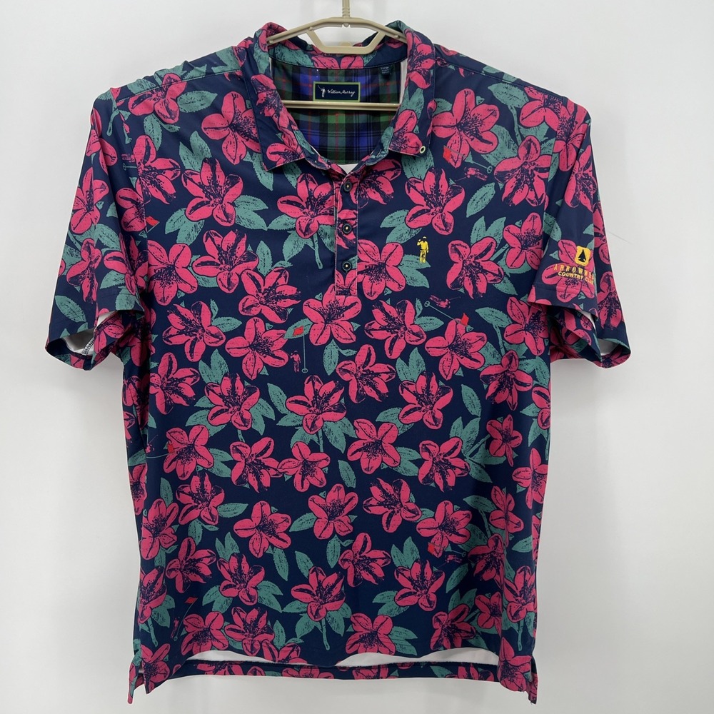 William Murray Mens XL Golf Polo Shirt Navy Pink Floral Hibiscus Performance